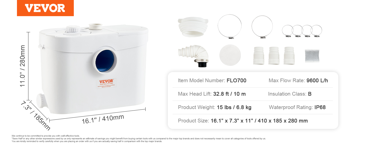 VEVOR maceratora sūknis ar piederumiem, modelis flo700, izmēri 16,1" x 7,3" x 11", maksimālā plūsma 9600 l/h.