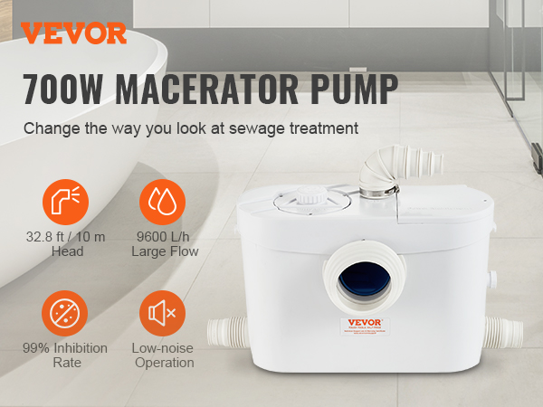 VEVOR maceratora sūknis ar 700 W jaudu, 32,8 pēdu augstumu, 9600 l/h plūsmu, zemu trokšņu līmeni un 99% inhibīcijas pakāpi.