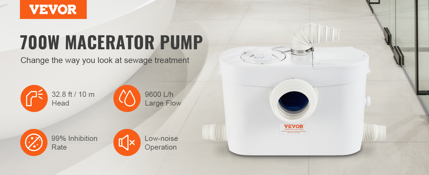 VEVOR maceratora sūknis ar 700 W jaudu, 32,8 pēdu augstumu, 9600 l/h plūsmu, zemu trokšņu līmeni un 99% inhibīcijas pakāpi.
