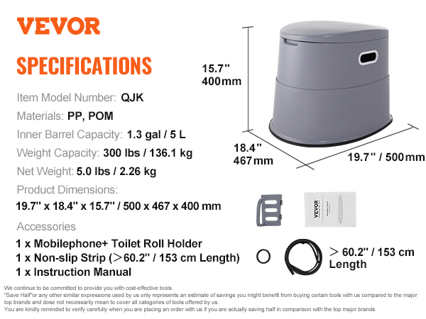 VEVOR portable toilet specs, 1.3 gal capacity, 300 lbs weight capacity, phone holder, non-slip strip.