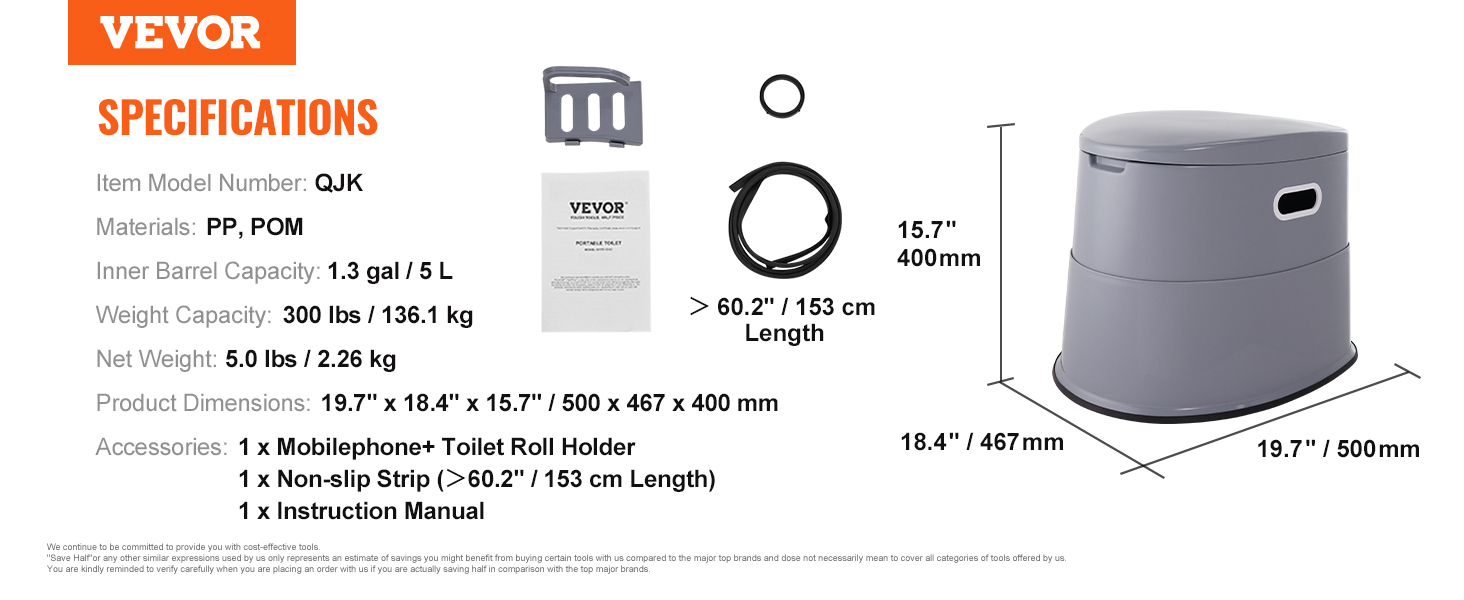 VEVOR portable toilet specs, 1.3 gal capacity, 300 lbs weight capacity, phone holder, non-slip strip.