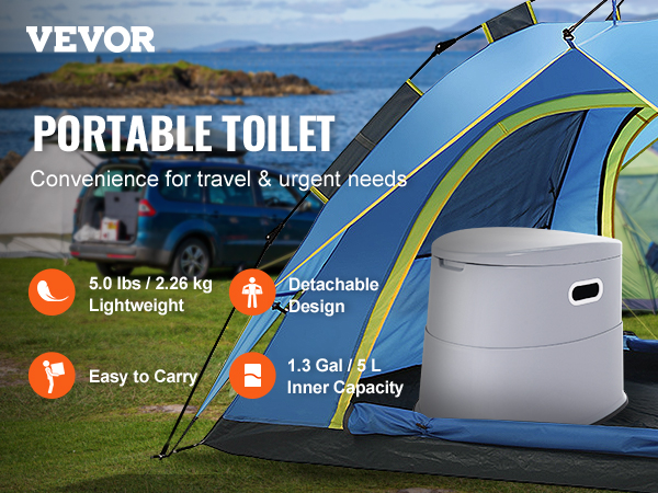 VEVOR portable toilet in a blue tent with cars and a scenic lake background; highlighted features below.