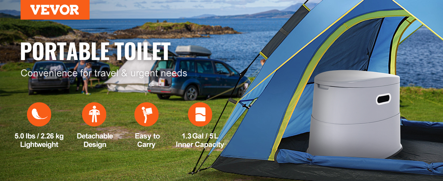 VEVOR portable toilet in a blue tent with cars and a scenic lake background; highlighted features below.