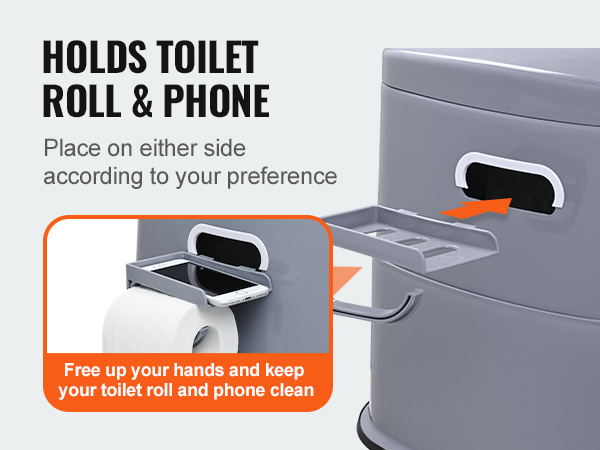 VEVOR portable toilet with holder for toilet roll and phone, convenient and hygienic design.