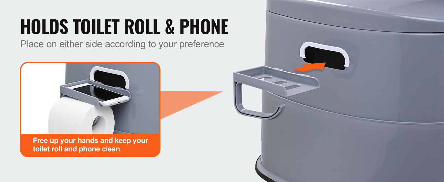 VEVOR portable toilet with holder for toilet roll and phone, convenient and hygienic design.
