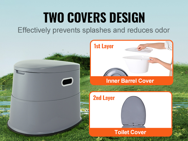 VEVOR portable toilet with two covers design: effectively prevents splashes and reduces odor.