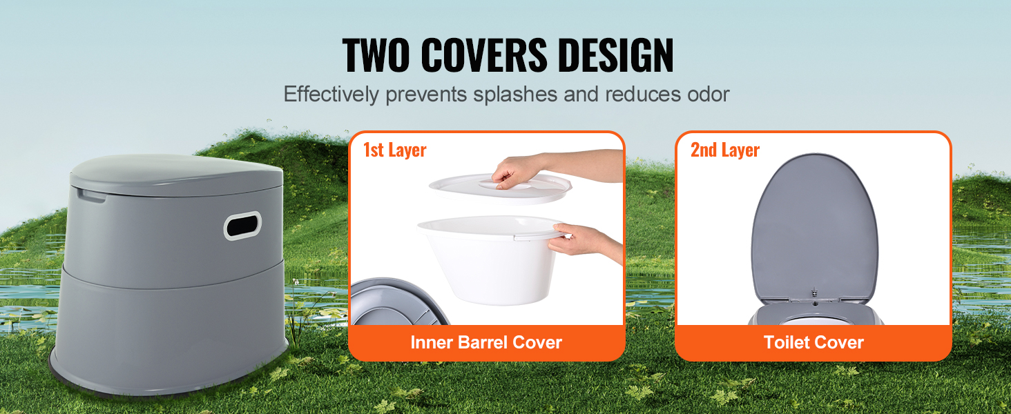 VEVOR portable toilet with two covers design: effectively prevents splashes and reduces odor.