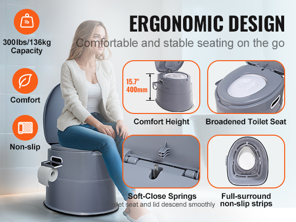 VEVOR portable toilet with ergonomic design, 300lbs capacity, comfort height, and broadened seat.