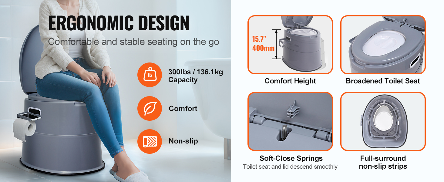 VEVOR portable toilet with ergonomic design, 300lbs capacity, comfort height, and broadened seat.