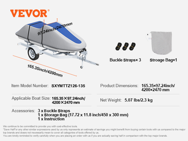 VEVOR jet ski cover with buckle straps, storage bag, and dimensions: 165.35×97.24 inch.
