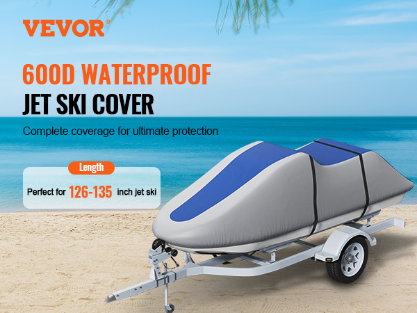 VEVOR jet ski cover, 600d waterproof, perfect for 126-135 inch jet ski. complete coverage on the beach.