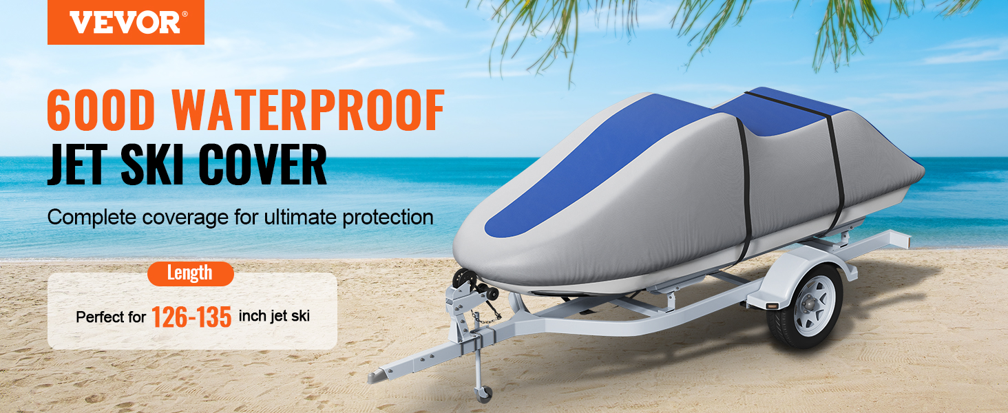 VEVOR jet ski cover, 600d waterproof, perfect for 126-135 inch jet ski. complete coverage on the beach.