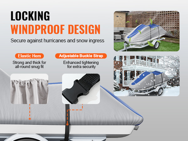 locking windproof design VEVOR jet ski cover with elastic hem and adjustable buckle strap for secure fit.
