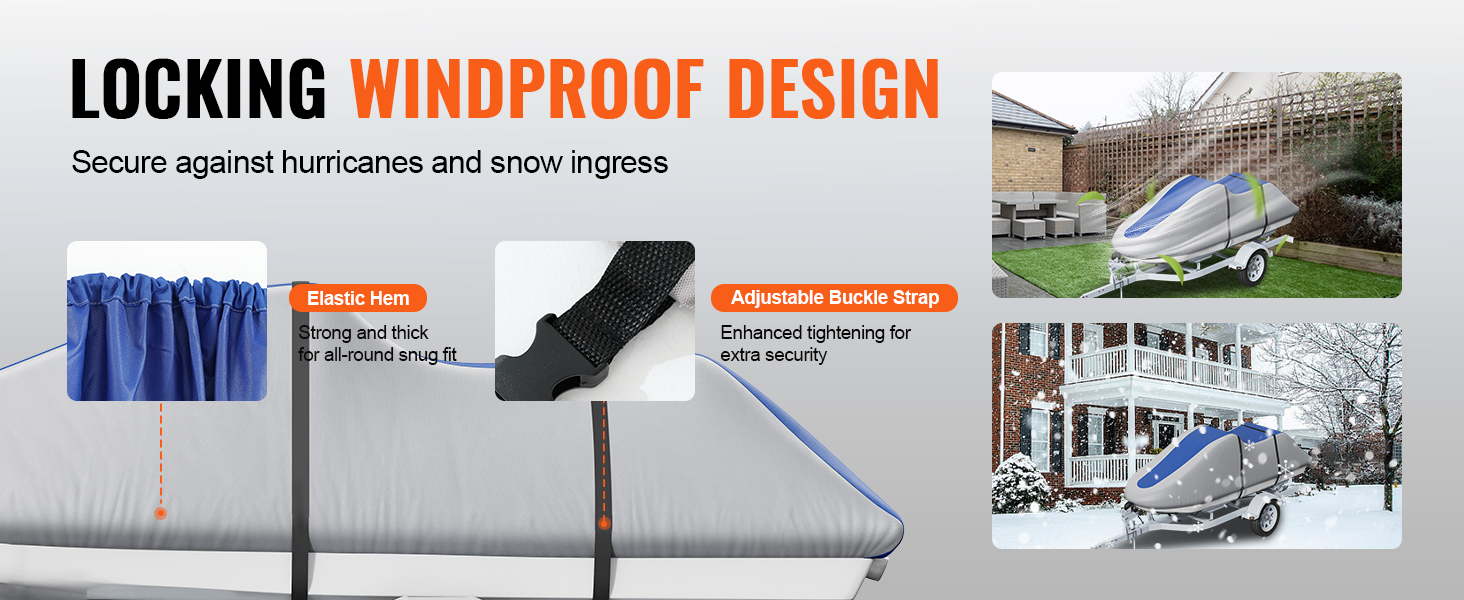 locking windproof design VEVOR jet ski cover with elastic hem and adjustable buckle strap for secure fit.