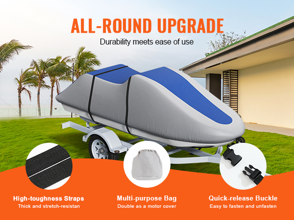 VEVOR jet ski cover with high-toughness straps, multi-purpose bag, and quick-release buckle on a lawn.