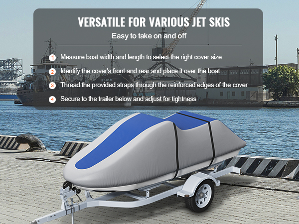 VEVOR jet ski cover on trailer, illustrating versatility and easy installation steps by the waterfront.