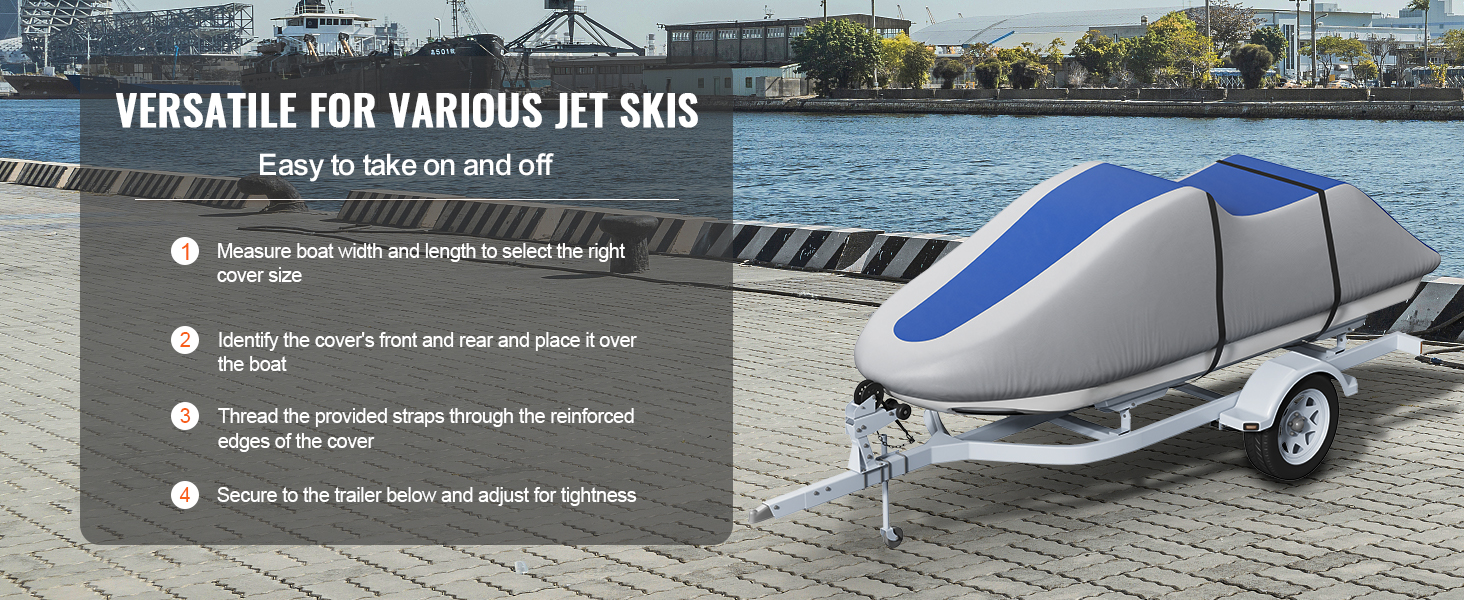VEVOR jet ski cover on trailer, illustrating versatility and easy installation steps by the waterfront.