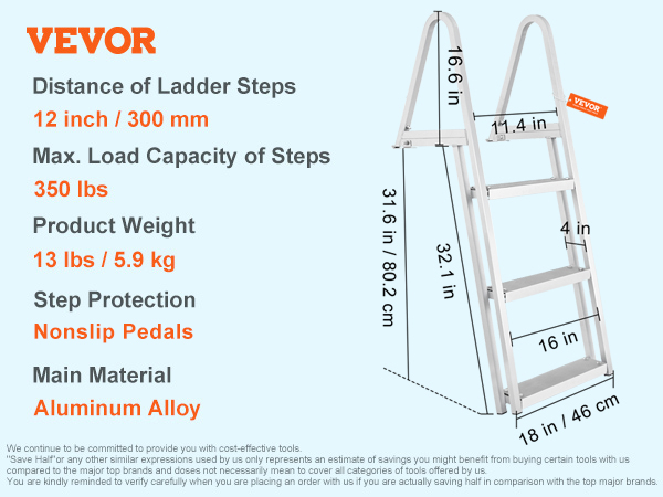 VEVOR removable 3 steps dock ladder, aluminum alloy, nonslip rubber pads, max load 350 lbs, 13 lbs weight.
