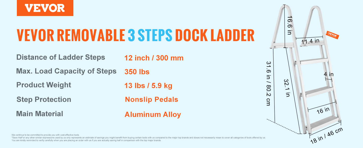 VEVOR removable 3 steps dock ladder, aluminum alloy, nonslip rubber pads, max load 350 lbs, 13 lbs weight.