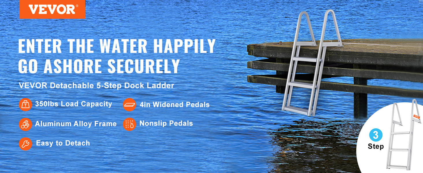 VEVOR dock ladder with aluminum alloy frame, 350lbs load capacity, 4in pedals, and nonslip rubber pad.