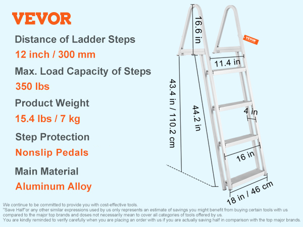 VEVOR dock ladder, removable 4-step, 350 lbs load, 15.4 lbs weight, nonslip rubber pads, aluminum alloy.