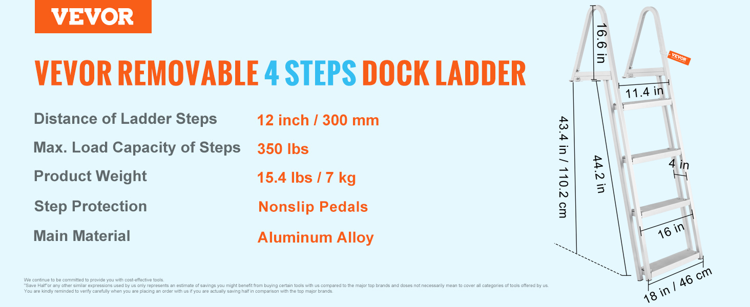 VEVOR dock ladder, removable 4-step, 350 lbs load, 15.4 lbs weight, nonslip rubber pads, aluminum alloy.
