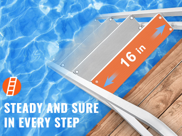 VEVOR dock ladder with 16x4in nonslip rubber steps over water and wooden deck background.