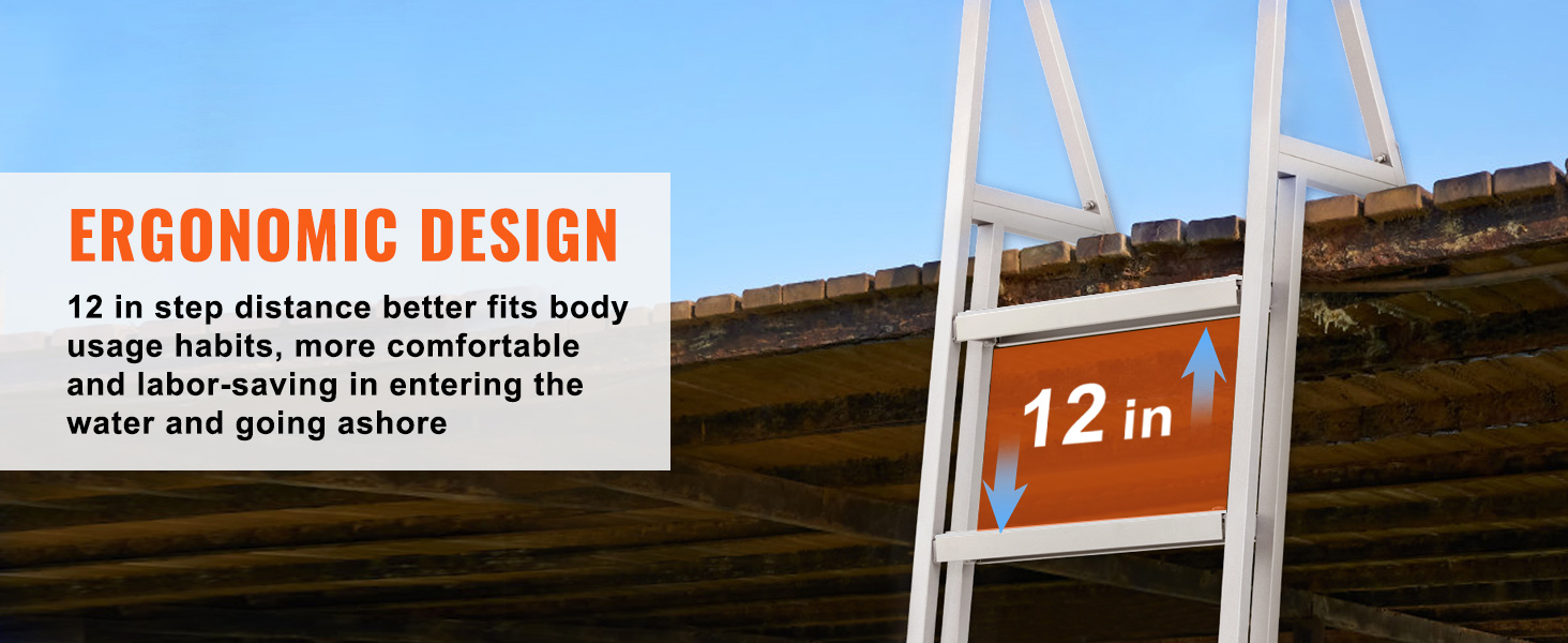 VEVOR dock ladder with ergonomic design and 12-inch step distance for easier access and comfort.