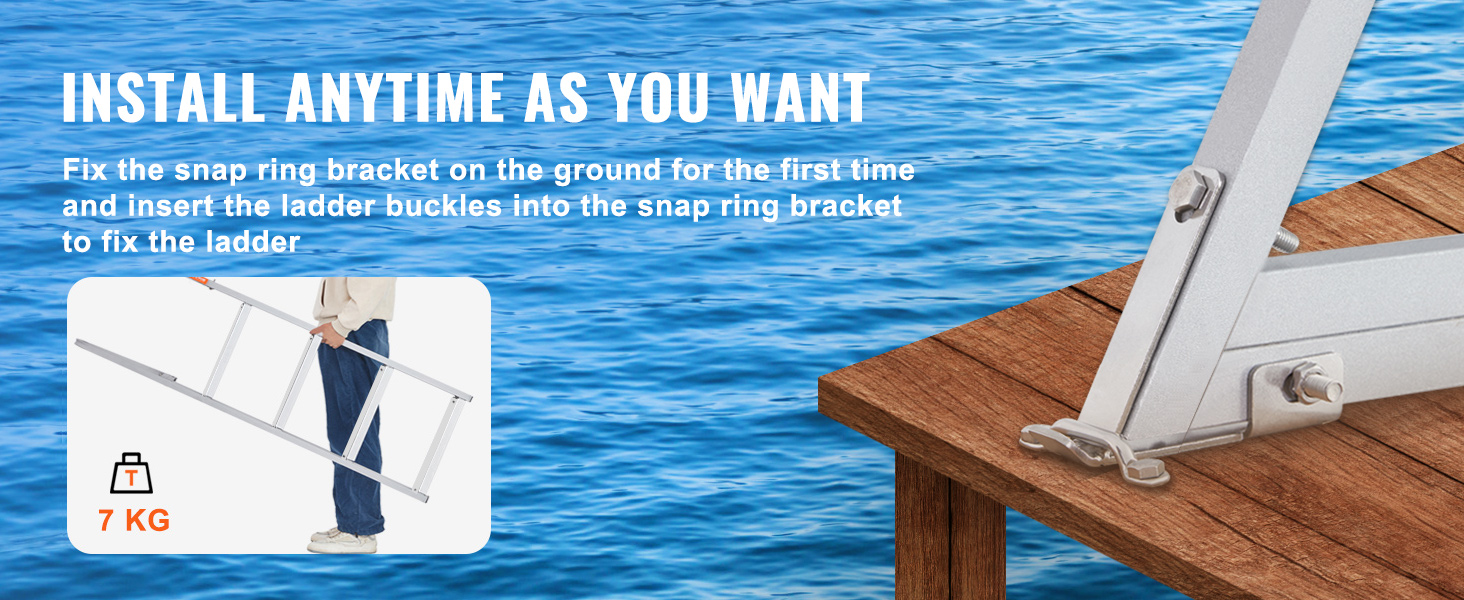 install VEVOR dock ladder in 6 steps: add nonslip pads, pedals, handrails, buckles, fix snap ring bracket.