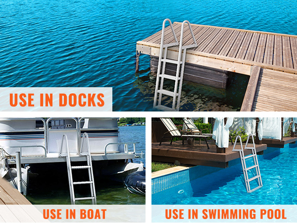 VEVOR dock ladder on a wooden dock extending into calm blue water, highlighting stability and durability.