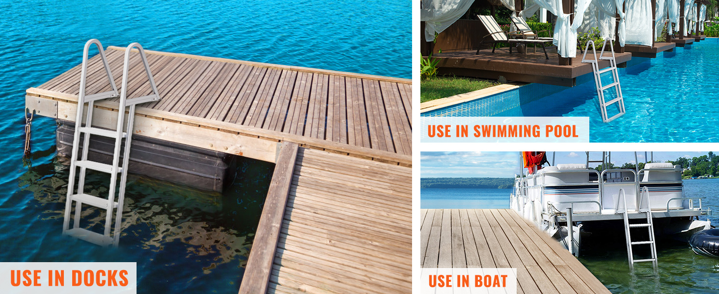 VEVOR dock ladder on a wooden dock extending into calm blue water, highlighting stability and durability.