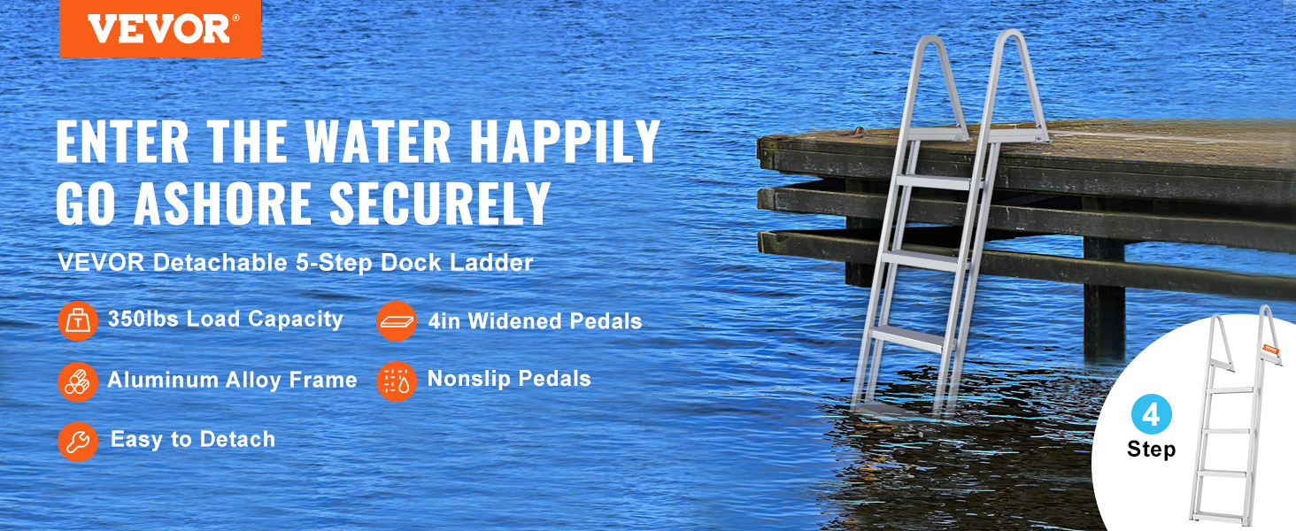 VEVOR dock ladder with 350lbs load capacity, aluminum frame, nonslip rubber pad, 4-step detachable design.