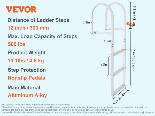 VEVOR dock ladder, removable, 4 steps, nonslip rubber pads, aluminum alloy, 12in step length, 500lbs load.
