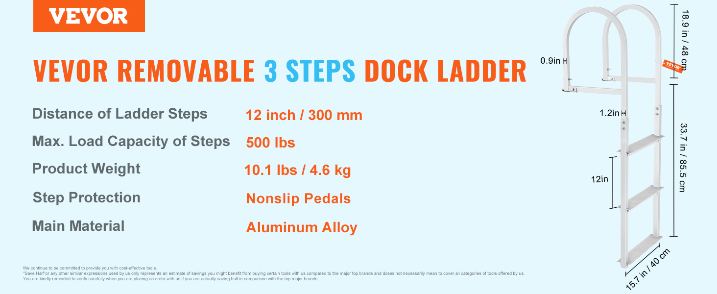 VEVOR dock ladder, removable, 4 steps, nonslip rubber pads, aluminum alloy, 12in step length, 500lbs load.
