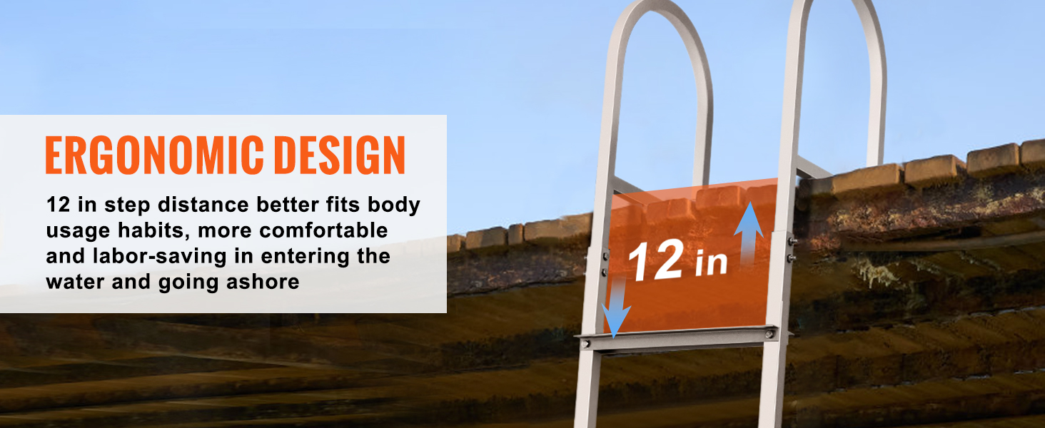 VEVOR dock ladder with ergonomic design featuring a 12-inch step distance for comfort and ease.