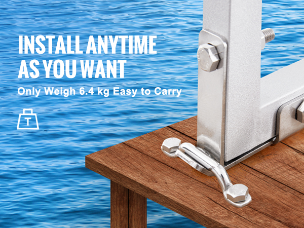 VEVOR dock ladder installation in 6 steps: install nonslip pads, pedals, handrails, buckles, bracket.