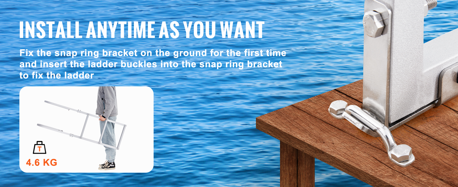 VEVOR dock ladder installation in 6 steps: install nonslip pads, pedals, handrails, buckles, bracket.
