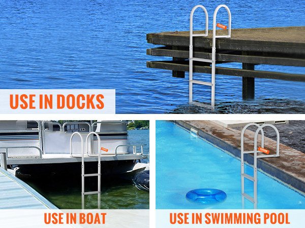 VEVOR dock ladder on a sturdy dock beside the calm, blue ocean, highlighted for stability.