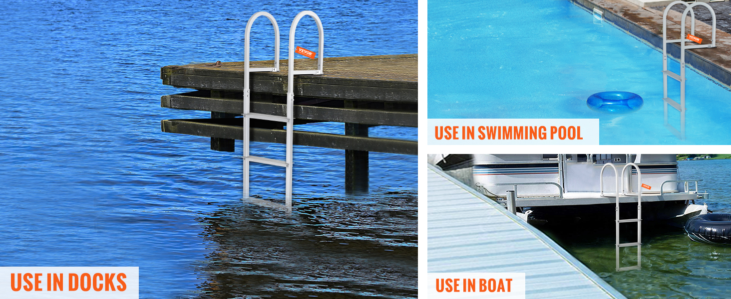VEVOR dock ladder on a sturdy dock beside the calm, blue ocean, highlighted for stability.