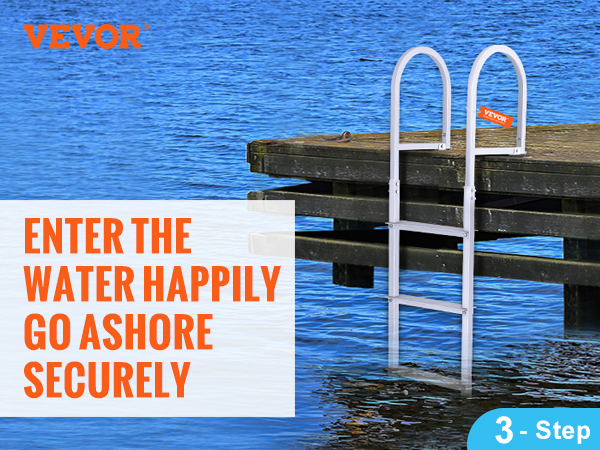 VEVOR dock ladder at a waterfront dock, featuring a detachable 5-step aluminum frame and nonslip pads.
