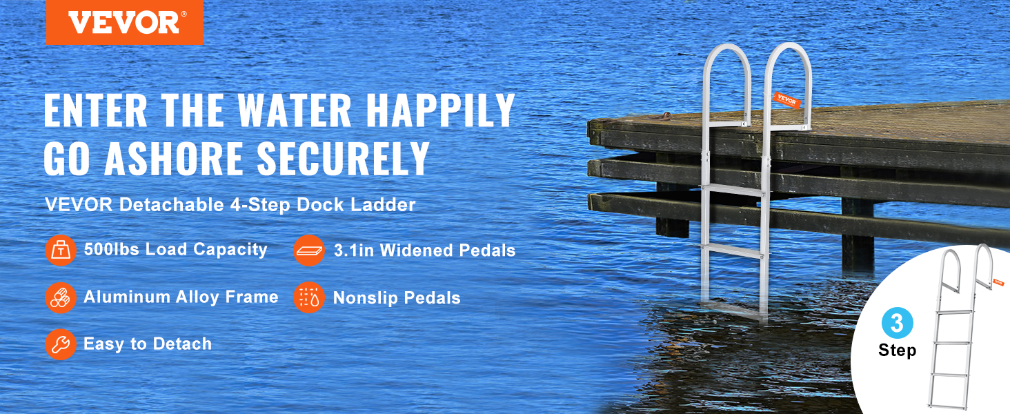 VEVOR dock ladder at a waterfront dock, featuring a detachable 5-step aluminum frame and nonslip pads.