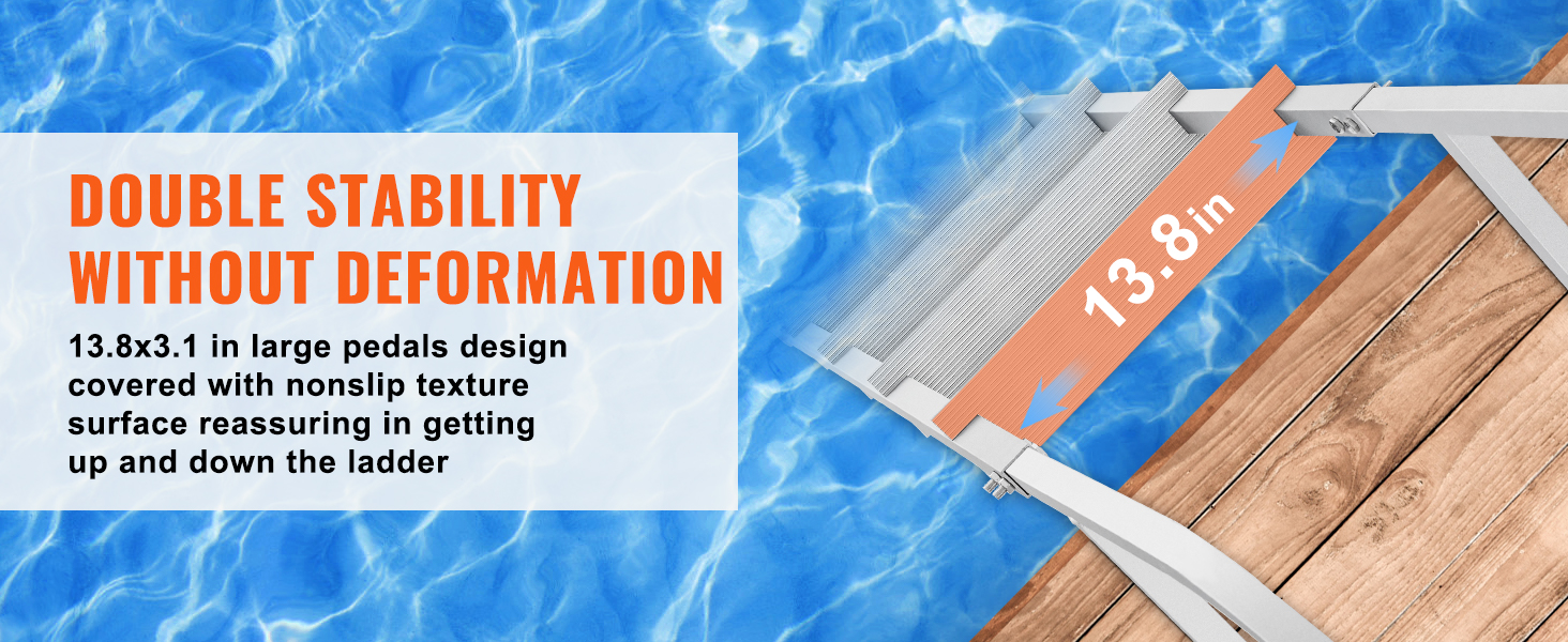 VEVOR dock ladder with 13.8 inch nonslip rubber pedals for double stability over a wooden deck by the water.