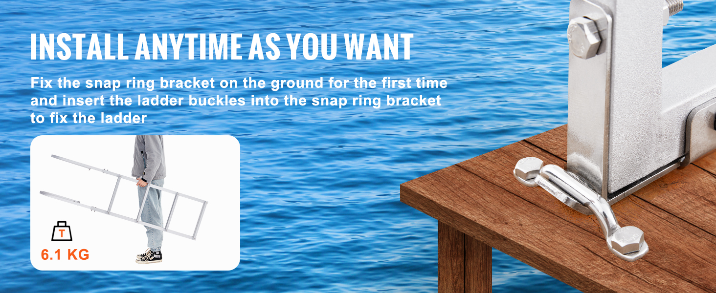 six-step installation guide for VEVOR dock ladder: install nonslip pads, pedals, handrails, buckles, snap ring.