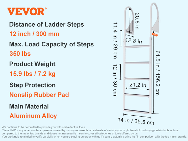 VEVOR dock ladder with flip-up design, nonslip steps, aluminum alloy, 350 lbs load capacity.