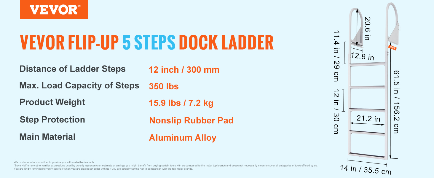 VEVOR dock ladder with flip-up design, nonslip steps, aluminum alloy, 350 lbs load capacity.
