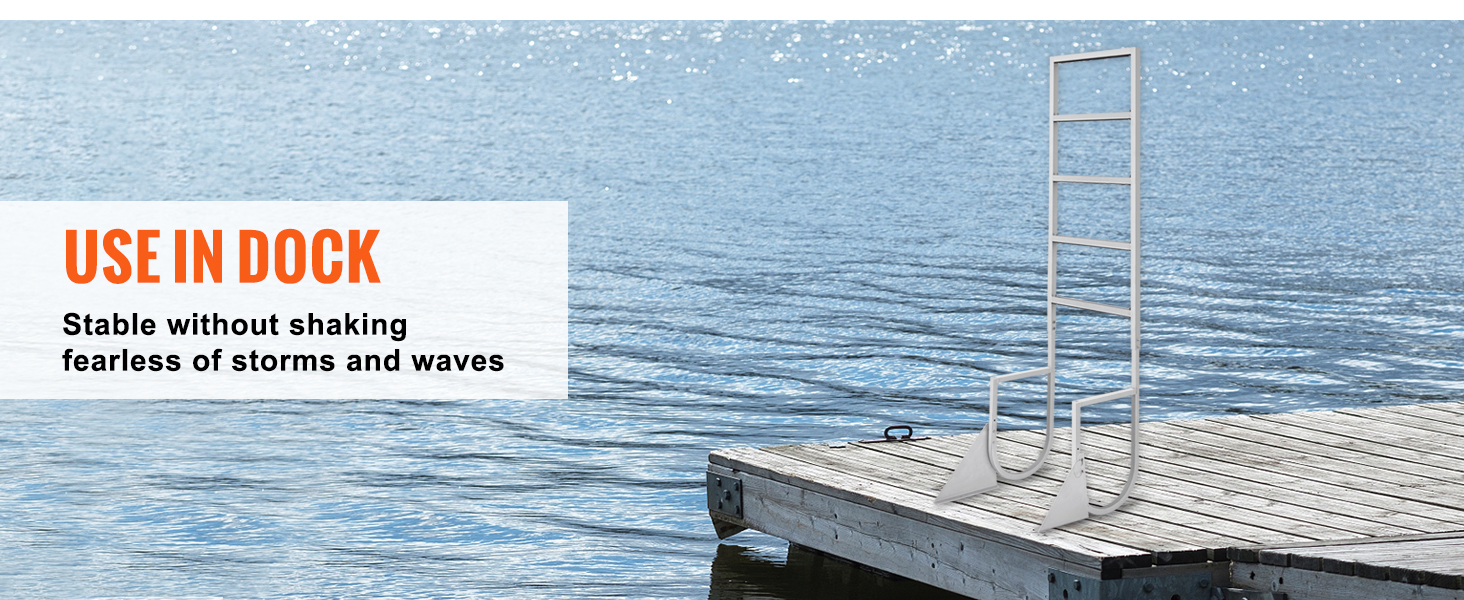 use your product: “blue water, stable aluminum VEVOR dock ladder standing firm on a wooden dock.”