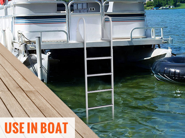 pontoon boat with VEVOR dock ladder extended into the clear lake water near a wooden dock.