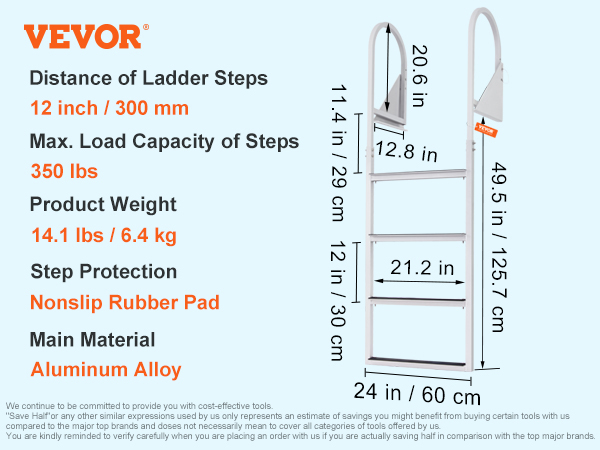 VEVOR dock ladder, 4 steps, 350 lbs capacity, nonslip rubber pad, aluminum alloy, 49.5 in height.