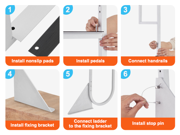 VEVOR dock ladder installation guide in 6 steps showing nonslip pads, pedals, handrails, bracket, and stop pin.