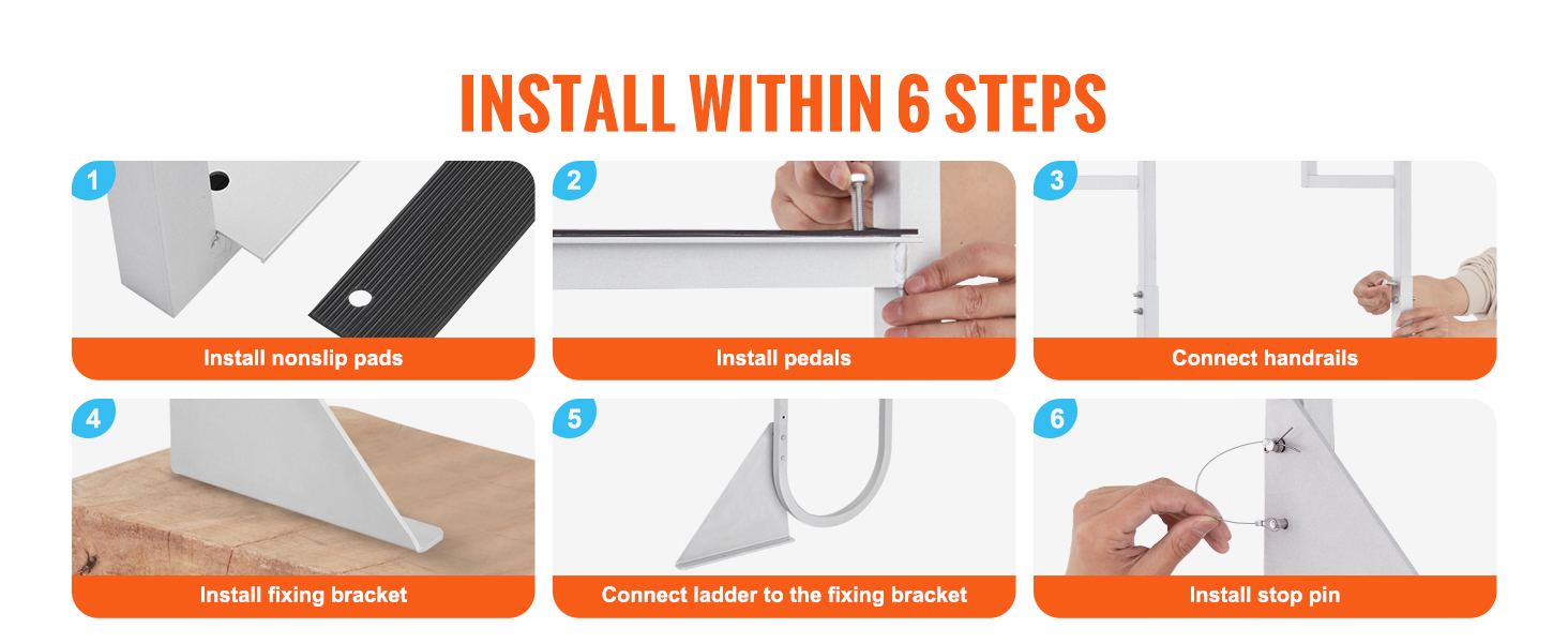 VEVOR dock ladder installation guide in 6 steps showing nonslip pads, pedals, handrails, bracket, and stop pin.